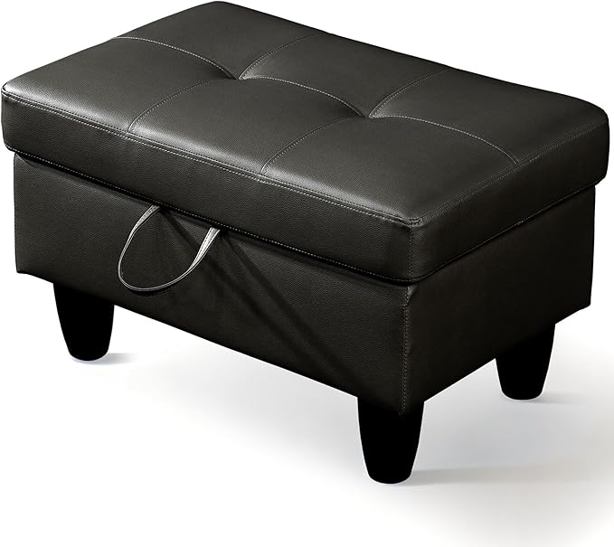 Ottoman Rectangular Storage Ottoman Bench, Faux Leather Footrest, Coffee Table, Stool Footstool with Hinged Lid for Living Room, Bedroom, Entryway, Black, 28.5"x19"x17.5"-Ruum Studio Home