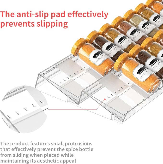 4-Tier Non-Slip Spice Drawer Organizer, 4-Pack Checkered Frosted Clear Acrylic, Expandable (11''-22'') Spice Rack for Kitchen Drawer Storage – Holds Seasonings, Herbs, and Spices (Jars Not Included)-Ruum Studio Home