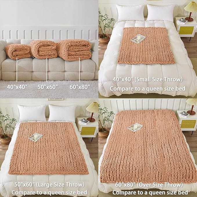 WESHIONGOO Chunky Knit Blanket Throw Knitted Throw Blankets for Couch Bed Fluffy Soft Blanket with Jumbo Chenille Yarn Thick 100% Handmade(Peach Fuzz, 50"×60")-Ruum Studio Home