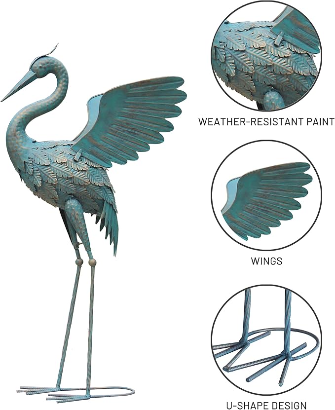 33-37 Inch Metal Crane Garden Statue Décor, Bird Garden Sculpture & Statues, Outdoor Decoration for Yard Patio Lawn Backyard Pool, Vintage Spread Wings Crane, Set of 2-Ruum Studio Home