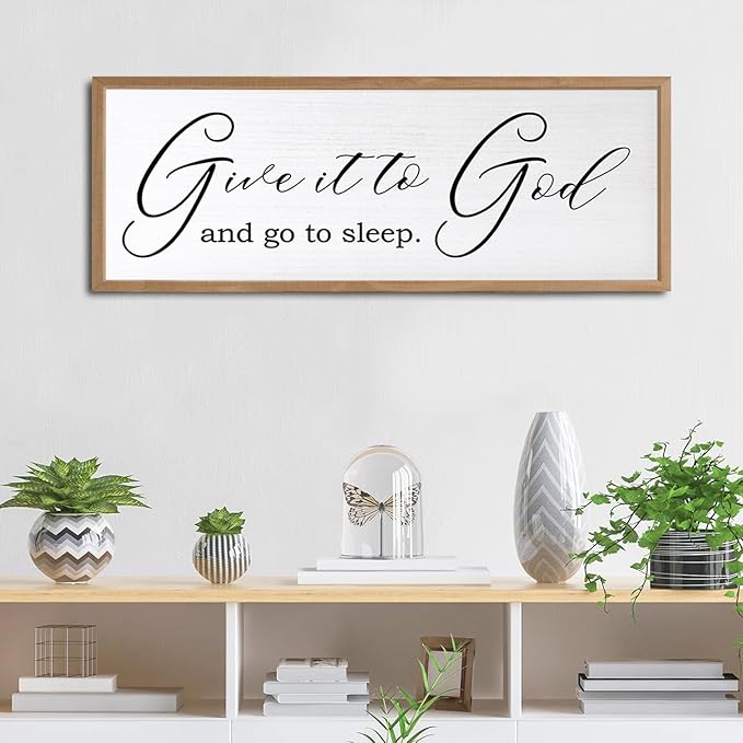 Give It To God And Go To Sleep Sign Wall Decor 40x15 Inch Large Farmhouse Master Bedroom Above Bed Hanging Wall Art Rustic Guest Room Wood Framed Over Bed Wall Decoration (Wood White)-Ruum Studio Home