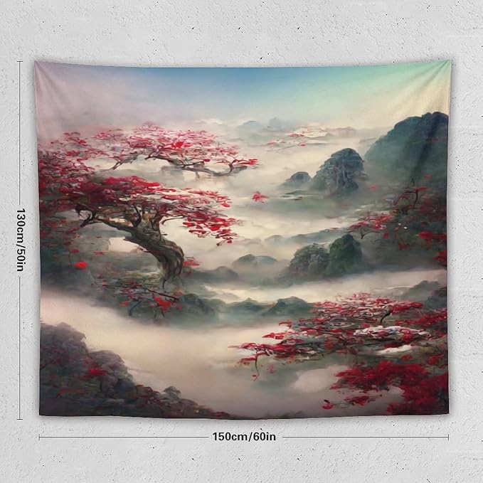 Japanese Tapestry, Red Plum Cherry Blossom Mountain Tapestry, Asian Japanese Wall Tapestry, Nature Landscape Tapestries for Bedroom Living Room Decor 60"x50"-Ruum Studio Home