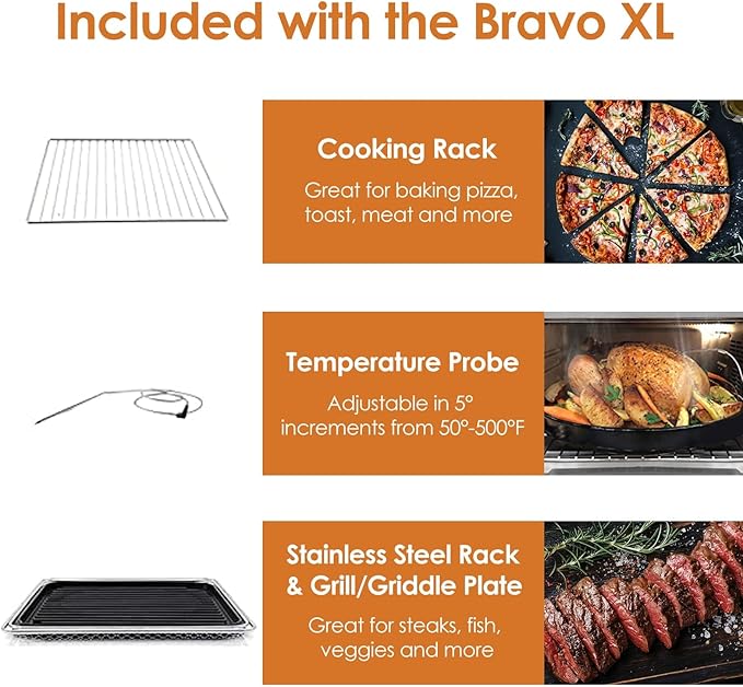 Nuwave Bravo XL Air Fryer Toaster Smart Oven, 12-in-1 Countertop Grill/Griddle Combo, 30-Qt XL Capacity, 50F-500F adjustable in precise 5F increments, Integrated Smart Thermometer, Linear T Technology-Ruum Studio Home