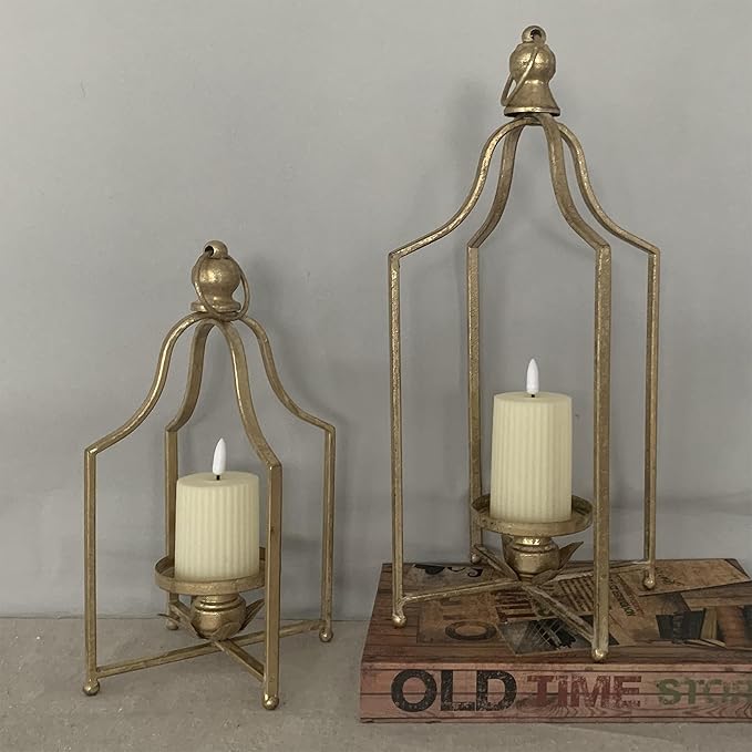 Large Tall Shabby Chic Lanterns Decorative Indoor Outdoor, Outside Gifts Front Porch Patio Vintage Metal Candle Holders, Fireplace Table Floor Farmhouse Rustic Decor Set of 2 (Antique Gold)-Ruum Studio Home