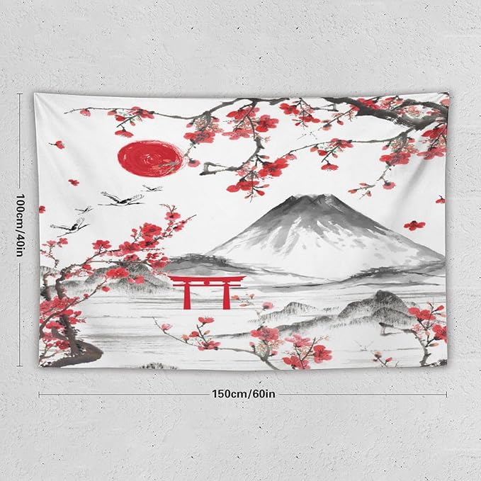 Red Cherry Blossoms Tapestry, Japanese Fuji Mountain Tapestry, Asian Japanese Wall Tapestry, Nature Landscape Tapestries for Bedroom Living Room Decor 60"x40"-Ruum Studio Home
