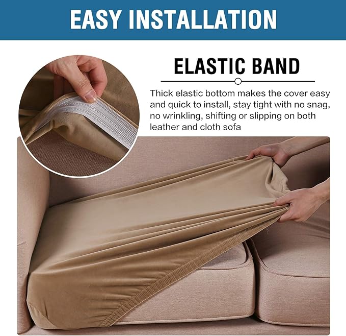 H.VERSAILTEX Velvet Stretch Couch Cushion Cover Plush Cushion Slipcover for Chair Loveseat Sofa Cushion Furniture Protector Seat Cushion Sofa Cover (3 Piece XL Sofa Cushion Covers, Camel)-Ruum Studio Home
