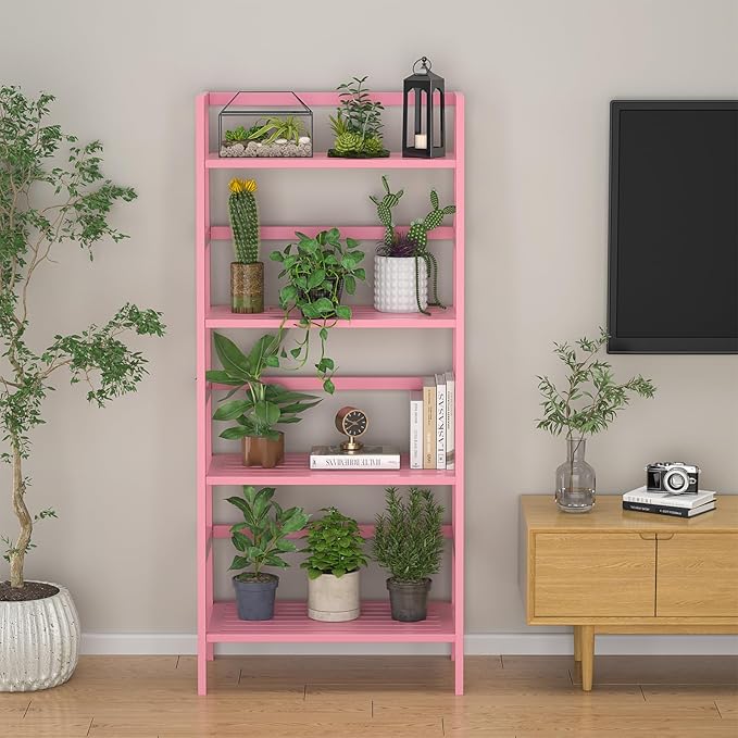 Homykic Bamboo Ladder Bookshelf, 4-Tier Ladder Shelf Open Book Shelf Freestanding Bookcase Bathroom Storage Rack Plant Stand for Living Room, Bedroom, Office, Easy Assembly, Pink-Ruum Studio Home