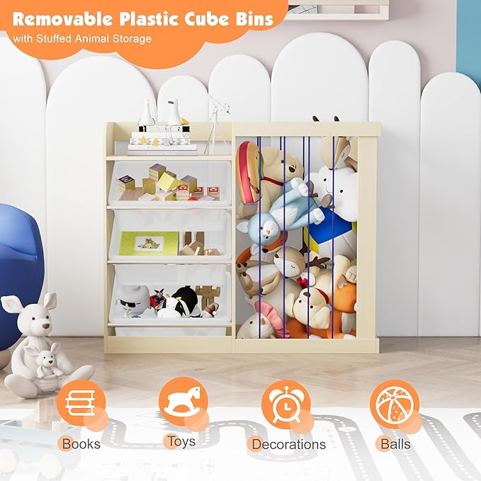 Kids Toy Storage Organizer with 3 Removable Plastic Bins Toddler Montessori Bookshelf with Stuffed Animal Net Holder Baby Bookcase Plush Organizer for Playroom, Bedroom,,Kids Room,Classroom,Nursery-Ruum Studio Home