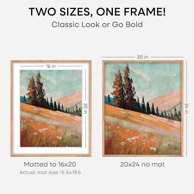 Homeforia 20x24 Picture Frame Wood, High End Natural Oak 20x24 Frame Matted to 16x20 Photo, 20 x 24 Light Wooden Poster Frames with Mat 16 by 20, 24by20 Thin Frames, Tempered Glass, Wall Kit, Set of 1-Ruum Studio Home