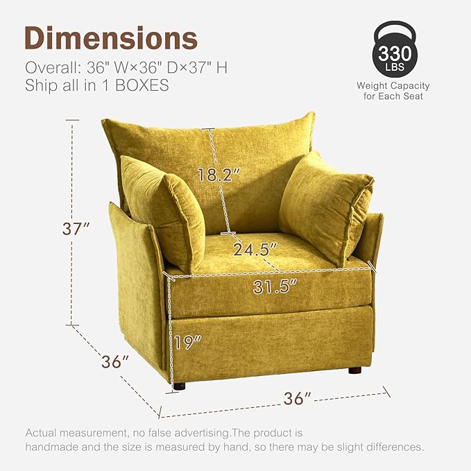 Oversized Accent Chair, 24.5" Deep Seat Large Reading Armchair with Removable Backrest & Detachable Cover,Chenille Yellow for Living Room/Bedroom/Office-Ruum Studio Home