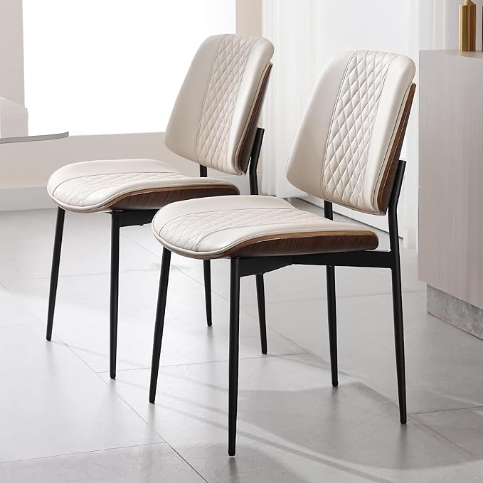 BV Dining Chairs Set of 2, PU Leather Armless Kitchen Chair in Modern Walnut Style, Mid Century Bentwood Side Chair with Metal Legs, Retro Accent Guest Chair for Kitchen Dining Room(Beige)-Ruum Studio Home