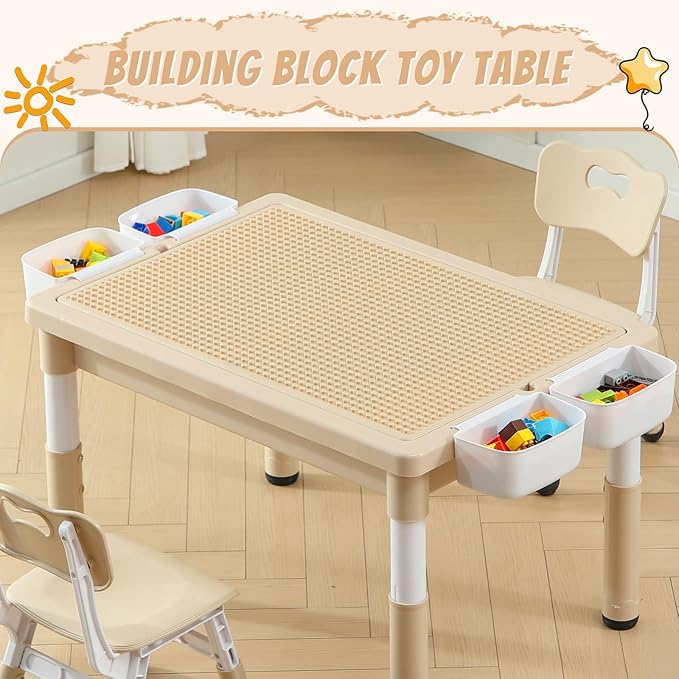 Multi Functional Kids Table and 2 Chairs Set, Graffiti & Building Blocks Double-Sided Tabletop, Toddler Play Table with Drawers, Large Storage Space, Gift for Boys/Girls, Burlywood-Ruum Studio Home