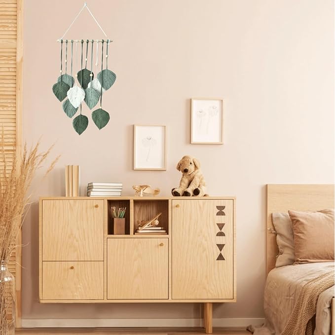 Madiffcult Macrame Wall Hanging Boho Wall Decor Woven Feather Wall Art Handmade Macrame Leaf Tapestry with Wooden Beads for Bedroom Living Room Nursery 16x27 Inch (Green)-Ruum Studio Home