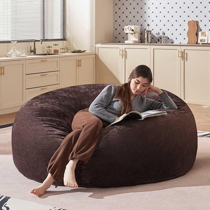 Bean Bag Chair 5Ft, Memory Foam Filled, Large Beanbag Chairs for Adults and Teens, Soft Sofa with Removable Flannel Cover, Round Couch for Living Room Bedroom College Dorm (Brown, 5FT-60×60"×24")-Ruum Studio Home