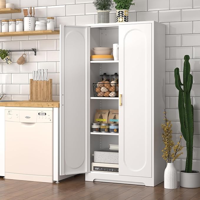 60" Tall Kitchen Pantry Cabinet, Metal Pantry Cabinet with Doors and Adjustable Shelves, White Utility Storage Cabinet with Handles for Dining Room, Bathroom, Laundry Room - Assemble Required-Ruum Studio Home