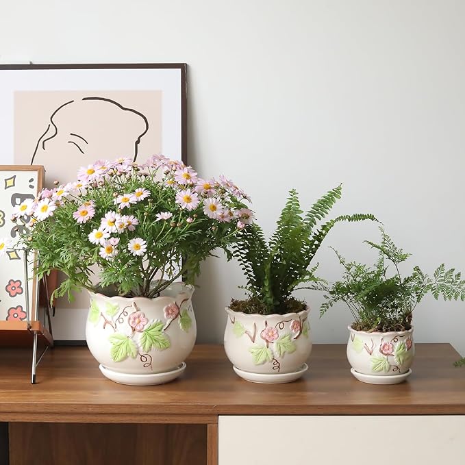 Ceramic Plant Pots with Drainage Holes and Saucers, Round Flower Pots for Indoor Plant, 3.9/5.2/6.7 Inches Small Flower Planters Set of 3-Ruum Studio Home