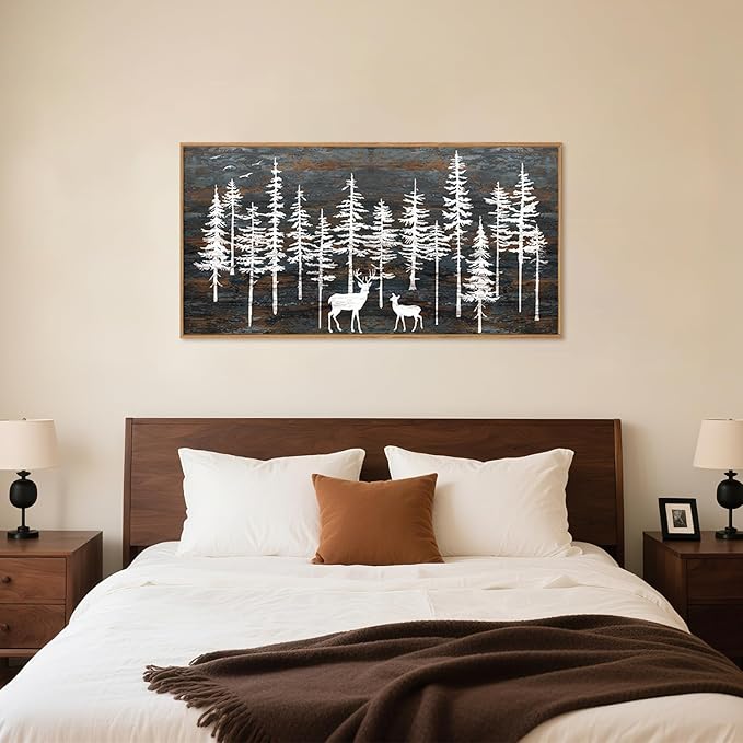 Modern White Forest Framed Canvas Wall Art Set, Minimalist Woodland Art Painting, Retro Tree Landscape Wall Decor, Wildland Deer Artwork for Living Room, Dining Room, Office - 20"x40"-Ruum Studio Home