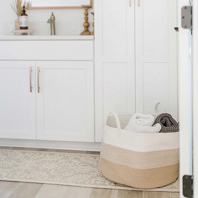 OrganiHaus Extra Large Blanket Basket for Living Room 20x13, Natural Cotton Rope Laundry Basket, Sturdy Hamper for Toy Storage, Cushions & Pillows Storage Bin, Nursery Decor Hamper - Honey-Ruum Studio Home