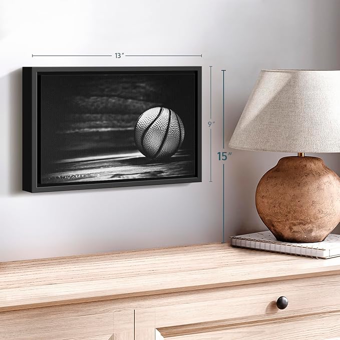 ElephantStock Basketball Wall Art - Horizontal Framed Canvas - 1-Piece Hallway Wall Decor - Photography sports Canvas Print - Black and Gray Decor for Wall - 13" X 9"-Ruum Studio Home