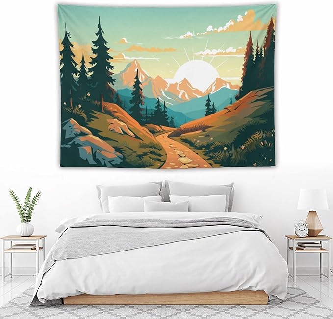 HZOHNAGO Mountain Tapestry Forest Mountain Sunrise Road Pattern Printed Wall Tapestry Wall Hanging for Bedroom Living Room Dorm 80" W x 60" H-Ruum Studio Home