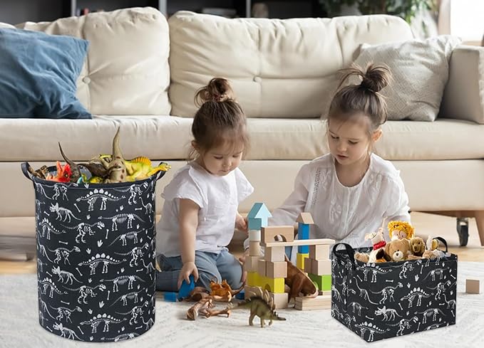 HIYAGON Rectangular Dinosaur Basket Empty Cute Storage Bin Organizer Box Dinosaur Room Decor for Books(Black Dinosaurs)-Ruum Studio Home