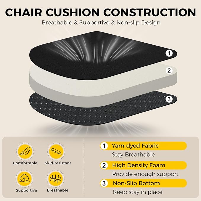 downluxe Indoor Chair Cushions for Dining Chairs, Soft and Comfortable Textured Foam Kitchen Chair Pads with Ties and Non-Slip Backing, 16" x 16" x 2", Black, 4 Pack-Ruum Studio Home