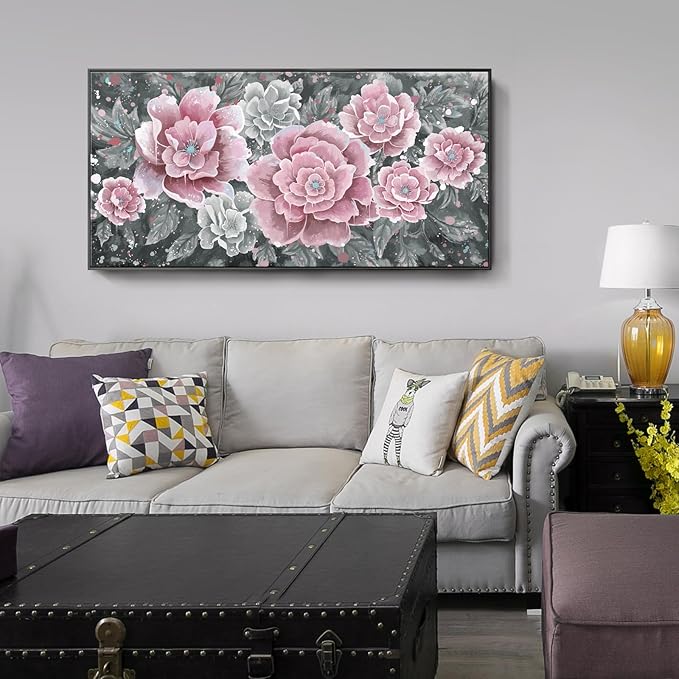 Oversized Framed Wall Art, Pink Flower Canvas Print Modern Pink & Grey Peony Blossom Artwork Extra Large Wall Picture Floral Decor for Living Room Bedroom Dining Room Office Home Decor-Ruum Studio Home