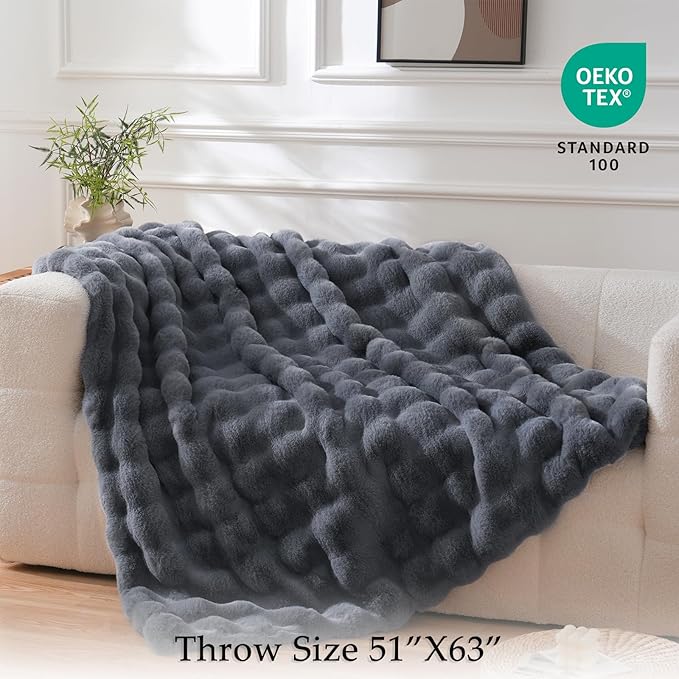 BENVWE Faux Fur Throw Blanket for Couch – Cozy Fuzzy Soft Plush Fluffy Thick Luxury Minky Bubble Blanket for Living Room Home Decor – Fathers Day Birthday Gifts for Women and Men, Grey, 51" x 63"-Ruum Studio Home