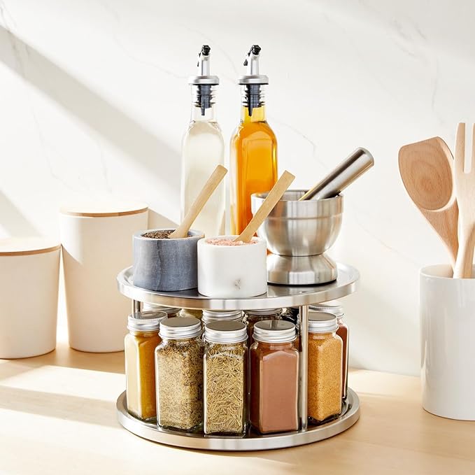 Juvale 2-Tier Lazy Susan Spice Rack Organizer for Cabinet - Stainless Steel Spice Carousel - Pantry & Kitchen Countertop Organizer (10.5 in)-Ruum Studio Home