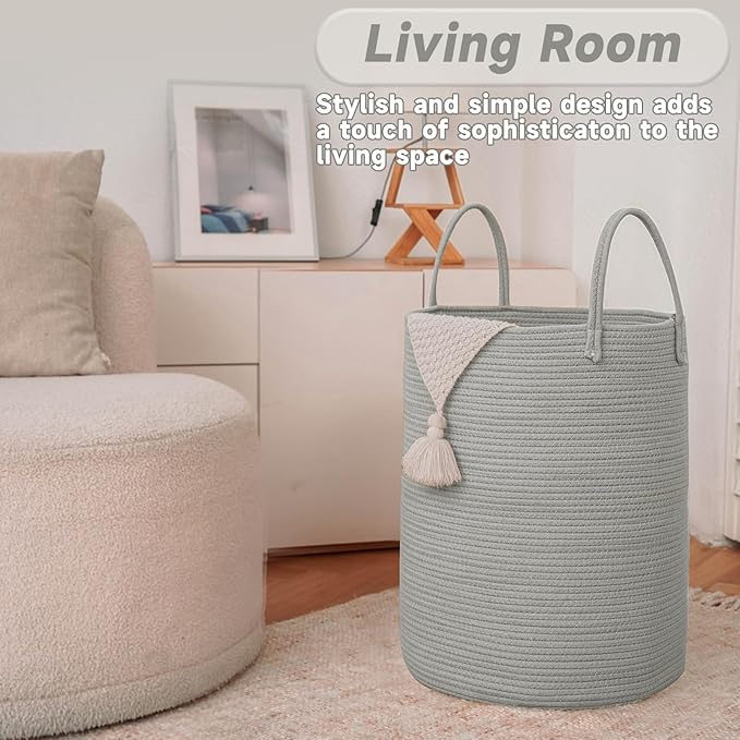 Large Woven Laundry Basket Hamper,80L Cotton Rope Storage Bin for Blankets,Toys and Clothes,Decorative Tall Nursery Hamper for Living Room,Baby Nursery,Bathroom and Bedroom,Grey-Ruum Studio Home