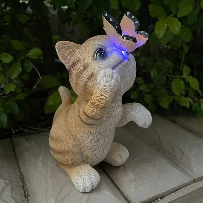 Garden Decor Solar Cat Figurines Cat Lover Gifts with LED Butterfly Lights for Indoor Outdoor Decor for Yard Garden Patio Decor Gifts for Women Grandma Mother's Day Birthday-Ruum Studio Home
