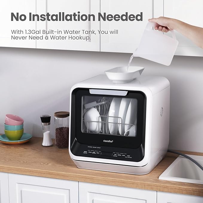 COMFEE' Portable Mini Dishwasher Countertop with 5L Built-in Water Tank for Apartments& RVs, No Hookup Needed, 6 Programs, 360° Dual Spray, 162℉ High-Temp& Air-Dry Function-Ruum Studio Home