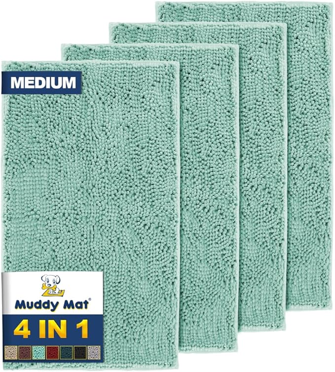 Muddy Mat® 4-Piece Seafoam Green Medium 30"X19" AS-SEEN-ON-TV Highly Absorbent Microfiber Door Mat, Bath Mat and Pet Rug, Non Slip Thick Washable, Soft Chenille for Kitchen Bedroom Indoor and Outdoor-Ruum Studio Home