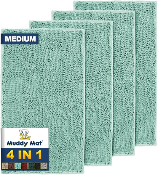 Muddy Mat® 4-Piece Seafoam Green Medium 30"X19" AS-SEEN-ON-TV Highly Absorbent Microfiber Door Mat, Bath Mat and Pet Rug, Non Slip Thick Washable, Soft Chenille for Kitchen Bedroom Indoor and Outdoor-Ruum Studio Home