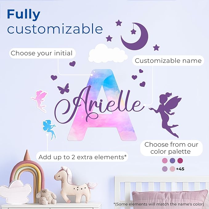 Custom Stickers Name Wall Decor I Personalized Name Sign for Room Decor | Multiple Custom Name & Initial I Decal for Baby Girl Nursery Decor I Nursery Wall Decal for Baby (A. Pink and Blue Sky)-Ruum Studio Home