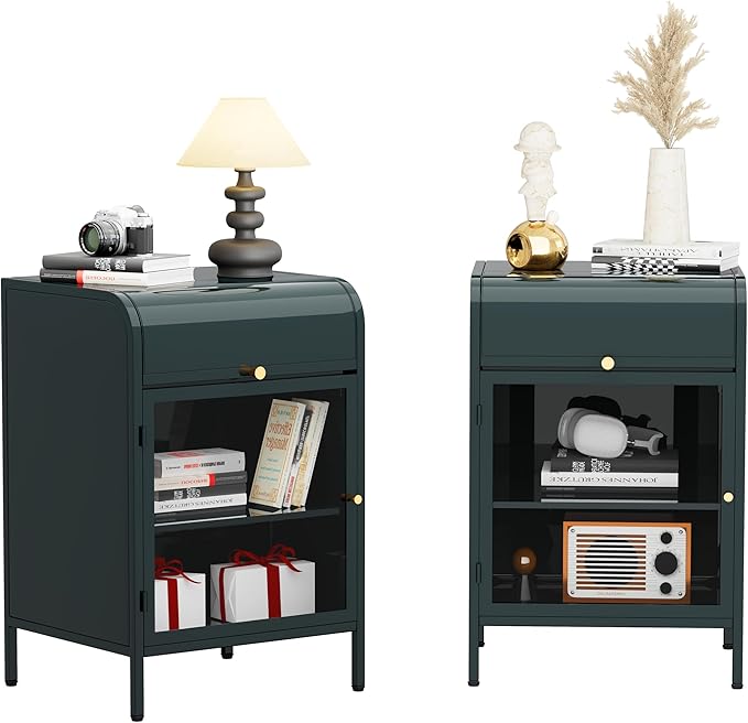Modern Metal Side Tables Set of 2, End Tables with Glass Door, 2-Tier Nightstands with Storage Shelves, Accent Table, Slim Sofa Table for Living Room, Bedroom (Green)-Ruum Studio Home