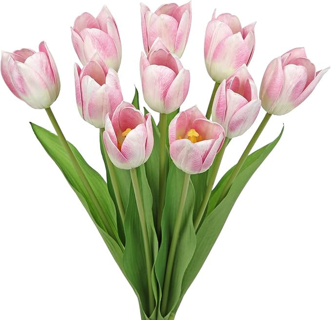Artificial Tulips Flowers – 20" Long Stem Faux Tulips, 10PCS Real Touch Fake Pink Tulip for Vase, Farmhouse, Kitchen, Spring & Wedding Home Decor-Ruum Studio Home