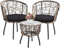 Kromax 3 Piece Bistro Set, Modern Outdoor Wicker Patio Furniture with Tempered Glass Table Top and 2 Chairs, Washable Cushions, Natural Rattan and Black Cushion-Ruum Studio Home
