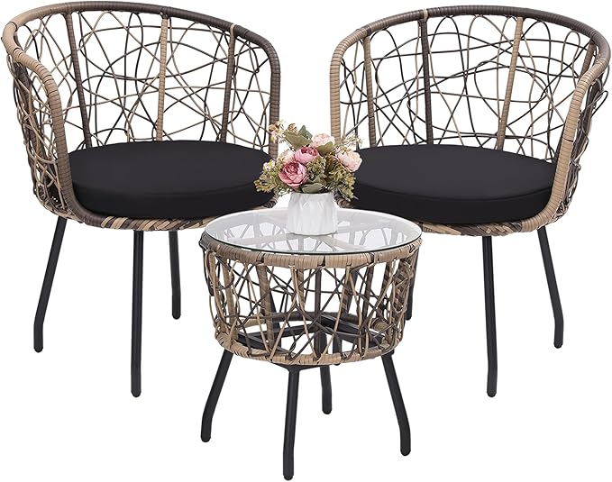 Kromax 3 Piece Bistro Set, Modern Outdoor Wicker Patio Furniture with Tempered Glass Table Top and 2 Chairs, Washable Cushions, Natural Rattan and Black Cushion-Ruum Studio Home