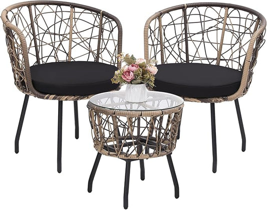 Kromax 3 Piece Bistro Set, Modern Outdoor Wicker Patio Furniture with Tempered Glass Table Top and 2 Chairs, Washable Cushions, Natural Rattan and Black Cushion-Ruum Studio Home