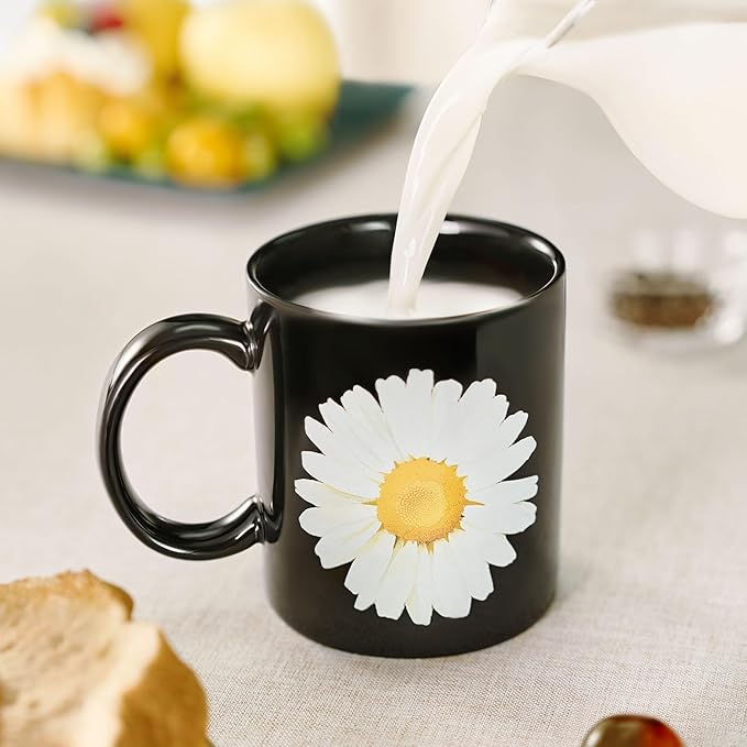 12Oz Daisy Black Ceramic Mug, Mug for Daily Coffee and Tea, Lead-free, Microwave and Dishwasher Safe Coffee Mug, Perfect gifts for women and men-Ruum Studio Home