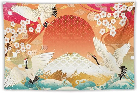 HZOHNAGO Japanese Tapestry Cherry Blossom Crane Sea Wave Fuji Mountain Red Sun Pattern Printed Wall Tapestry Painting Wall Hanging for Bedroom Living Room Dorm 60" W x 40" H-Ruum Studio Home