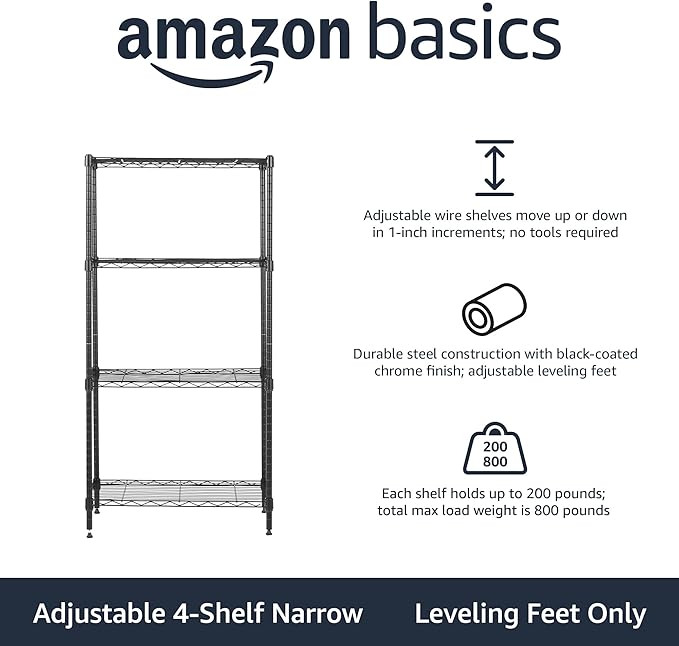 Amazon Basics 4-Shelf Steel Wire Storage Rack, Adjustable, Sturdy, Easy Assembly, 13.4 D x 23.2 W x 48 H in, Black-Ruum Studio Home