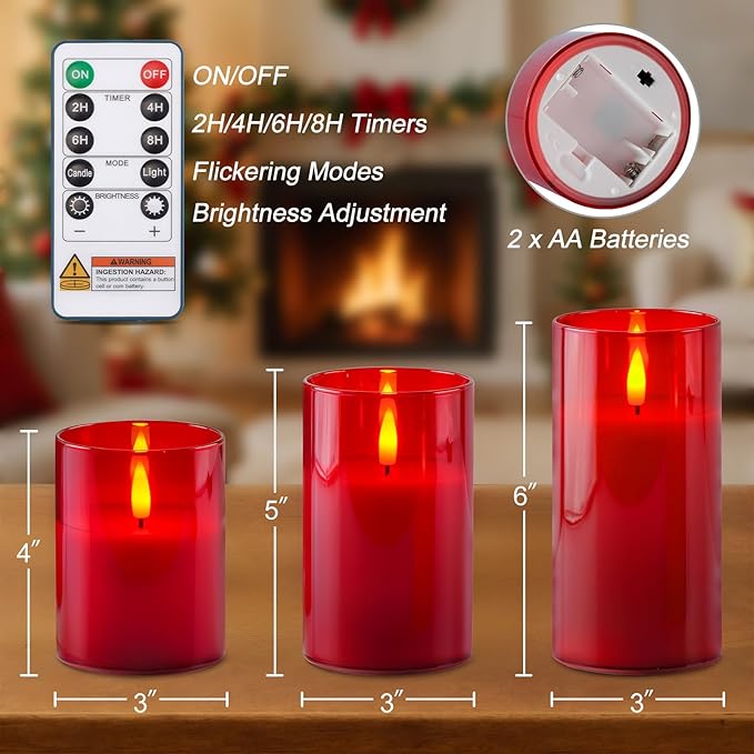 Homemory Red Glass Flameless Candles, Battery Operated LED Pillar Candles with Remote Control and Timer, Radiance Candles, Real Wax, Set of 3,D3 xH4 5" 6"-Ruum Studio Home