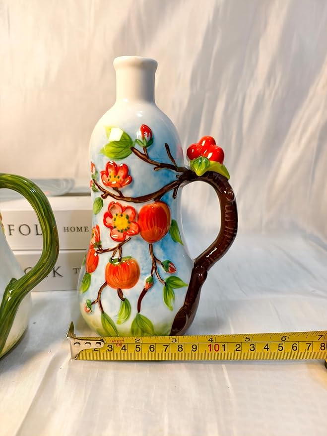 18 Oz Hand Painted Relief Ceramic Olive Oil Bottle Dispenser for Kitchen, Oil and Vinegar Bottle, Seasoning Bottle with Stainless Steel Nozzle, 540mL Oil Container with Handle for Cooking, Light Proof-Ruum Studio Home