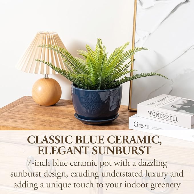 MyGift 7 Inch Round Blue Ceramic Plant Pot with Drainage Hole and Attached Saucer, Modern Decorative Embossed Sunburst Planter Container for Indoor Home Garden-Ruum Studio Home
