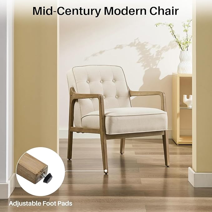 Linen Accent Chair Set of 2, Mid Century Modern Chair for Living Room, Upholstered Comfy Lounge Armchair with Solid Wood Frame, Reading Side Chair for Bedroom,105°Ergonomic Comfort, White-Ruum Studio Home