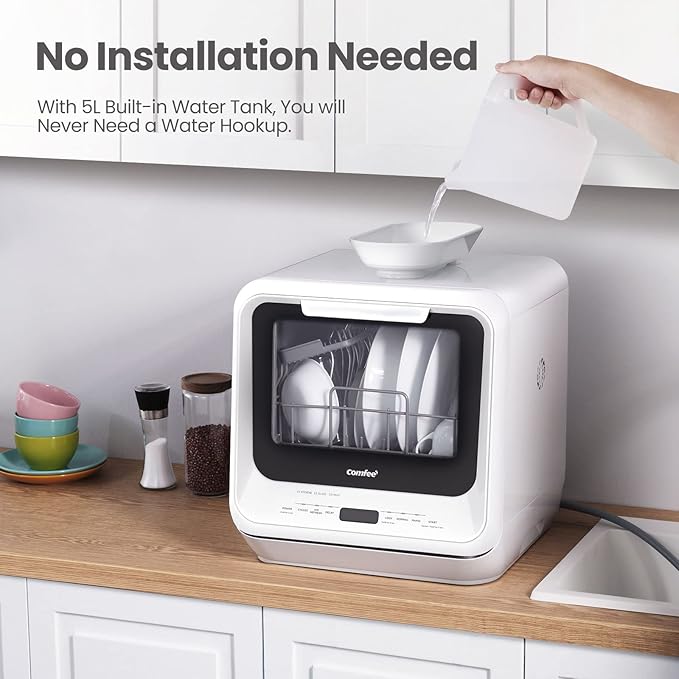 COMFEE' Portable Dishwasher Countertop with 5L Built-in Water Tank, No Hookup Needed, 6 Programs, 360° Dual Spray, 192℉ High-Temp& Air-Dry Function, Mini Dishwasher for RVs, White-Ruum Studio Home