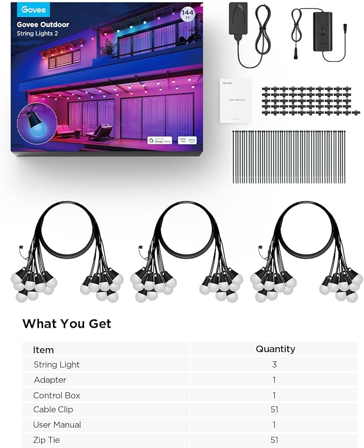 Govee Smart Outdoor String Lights 2, 144ft Outdoor Lights with Dimmable Warm White LED Bulbs, 47 Scene Modes for Patio, Backyard, Balcony, IP65 Waterproof, Works with Alexa, App Control-Ruum Studio Home