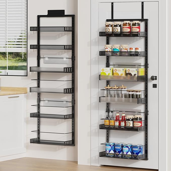 6-Tier Over the Door Pantry Organizer, 2 in 1 Large Door Spice Rack with Adjustable Metal Baskets, Heavy Duty Hanging or Wall Mounted Storage Organizer for Kitchen Pantry and Room Wall-Ruum Studio Home